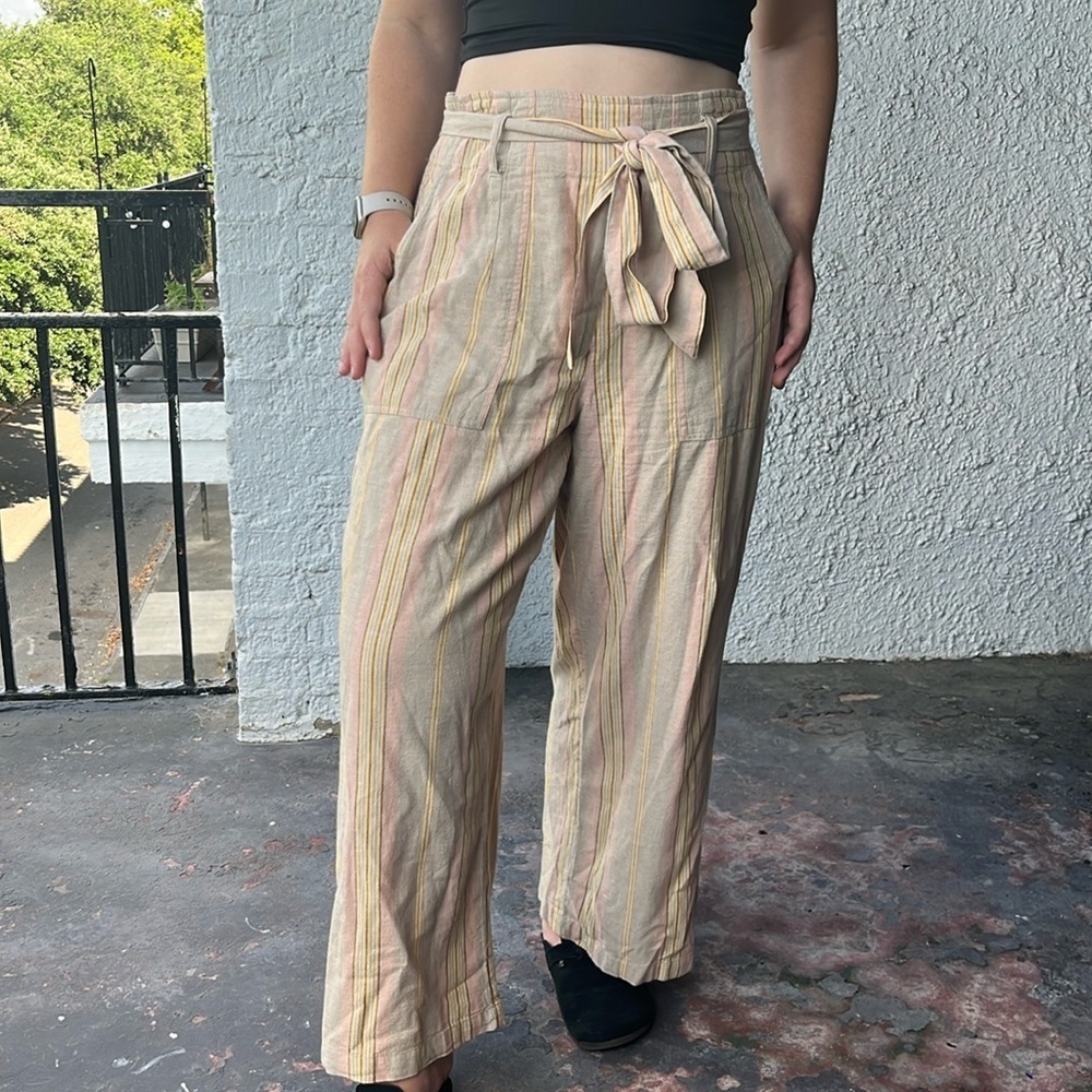 American Eagle Linen Blend Wide Leg Belted Striped Pants Size Large
